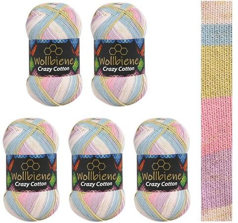 5 x 100g Wollbiene Crazy Cotton Batik 500 Gramm mit Farbverlauf 55% Baumwolle mehrfarbig Multicolor Strickwolle Häkelwolle Wolle Ganzjahreswolle (6060 flieder rosa grün)