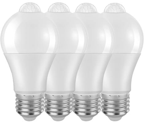 Weskjer E27 Motion Sensor Light Bulb, 4 Pack 12W PIR Motion Sensor Indoor Bulb, 5000K 1100LM, Detection Angle 120°, Automatically On/Off, 85-265V Screw Dusk to Dawn LED Light Bulbs