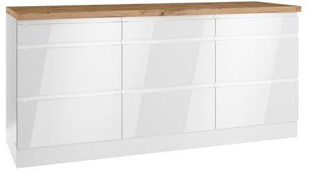 Lomadox Auszugsschrank Unterschrank mit Schubladen 180 cm, Hochglanz weiß, Arbeitsplatte Eiche | 9 Schubladen