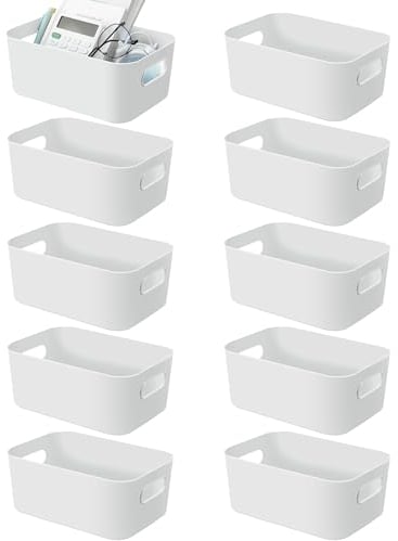 10pcs Plastic Storage Baskets with Handle 20cm Cupboard Organiser,Small Storage Boxes White Storage Bins for Bathroom Kitchen Storage Boxes for Shelves
