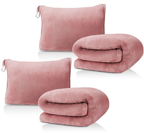 DAWNTREES 2er-Pack Reisedecke,180x100cm,2 in 1 Packbare Flugzeugdecke und Kissen Essential für Flugzeug, Auto, Fernreisen und Outdoor Camping (Rosa)