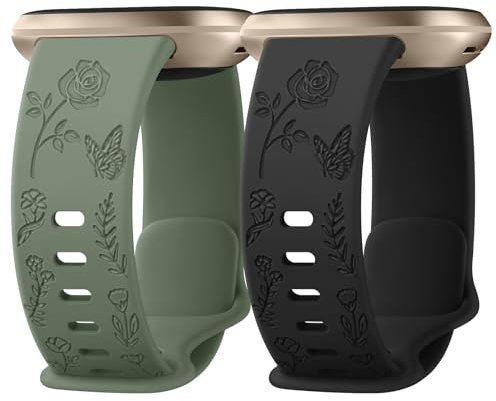 Mugust Rose Gravé Bracelet Compatible avec Fitbit Versa 3/4, Sense/Sense 2 - Bracelet de Remplacement en Silicone pour Femmes (Pack E)