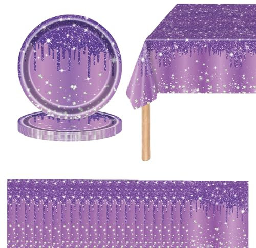Aisszhao 41P Shiny Glitter Diamond Party Tableware, Purple Princess Plates, Napkins, Tablecloth, Sparkling Purple Paper Dinnerware for Birthday, Baby Shower