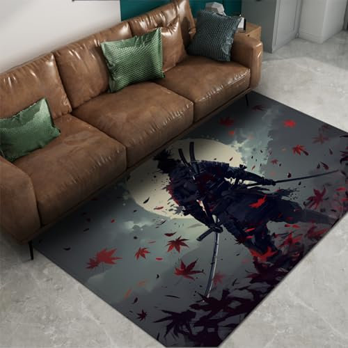 Via Vela Teppich im Anime-Stil 180x270cm - Japanischer gutaussehender Samurai mit fliegenden Ahornblättern Waschbarer Rutschfester dünner Teppich mit niedrigem Flor für das Schlafzimmer