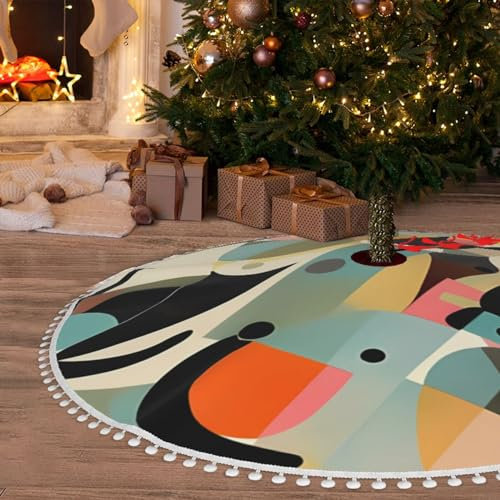 Jupe de sapin de Noël de 91,4 cm avec bordure à pompons - Art moderne du milieu du siècle - Jupe d'arbre à chat rustique en peluche pour décorations de fête de vacances