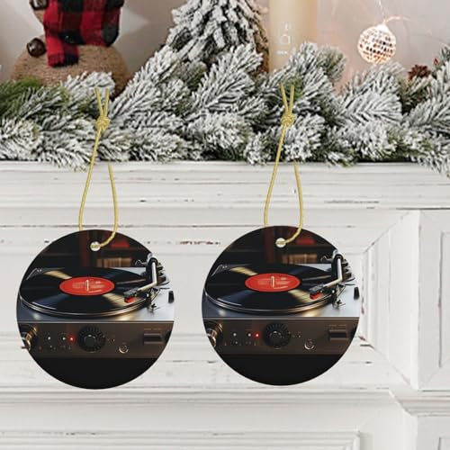 2024 Christmas Ornaments Double-Sided Ceramic Christmas Tree Hanging Ornaments Turntable Player Holidays Ornaments for Christmas Tree Decorations Xmas Keepsake