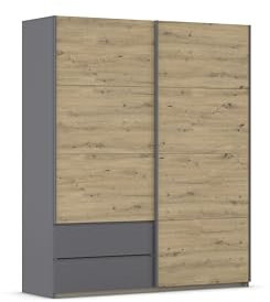 Rauch Möbel Stoke, Schwebetürenschrank, Kleiderschrank, Schrank, Garderobe, 2-türig, 2 Schubladen, Farbe Eiche Artisan/Grau metallic, Holz, Schwarz, Griffleisten Grau metallic, 175x210x59cm