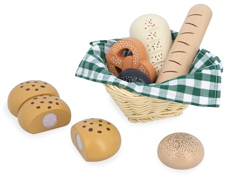 Janod J06645 Holz Bäckereikorb-Viennoiseries Korb-6 Realistische Dinette Zubehör-Ideale Ergänzung zur Kinderküche-Fördert die Vorstellungskraft-Ab 3 Jahre-J06645