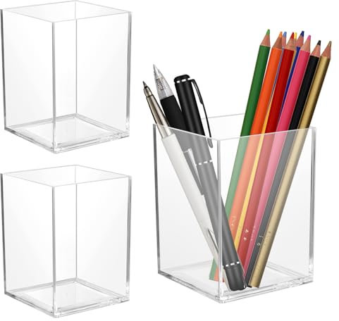Qichan 3 Pieces Acrylic Pen Holder, Transparent Makeup Brush Holder, Square Pen Storage Organiser, Acrylic Pencil Cup Stationery Organizer for Office, School, Home Supplies