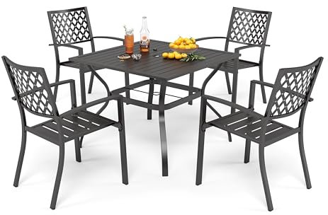 PHI VILLA 5 Teiliges Gartenmöbel Set für den Außenbereich, Quadratischer 94cm-Metalllatten Gartentisch mit 4 cm Schirmloch und 4 Metallstühlen für Terrasse, Bistro, Balkon
