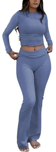 ZFLM Casual Workout Two Piece Outfits Long Sleeve High Waist Fold-Over Flared Leggings Pants Tracksuit Sets Streetwear, Haze Blue, XS