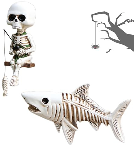 Statue eines angelnden Skeletts Halloween Gotische Dekorative Display | Sitzender Skelettfisch-Dekorationsartikel Für Geisterhaus, Halloween-Party, Zuhause, Wohnung, Büro, Studentenwohnheim, Garte