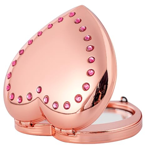 YILUTONGFA Mini Miroir Pliant métallique Portable élégant et stylé en Forme de cœur avec loupe 1X/2X. (Rose)