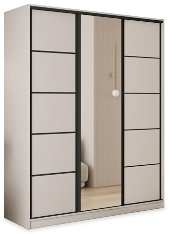 Masseno Schwebetürenschrank PINA 160/205/58 cm Kleiderschrank mit 4 Schubladen Schlafzimmer Schiebetürenschrank 3-türig mit Spiegel Kaschmir