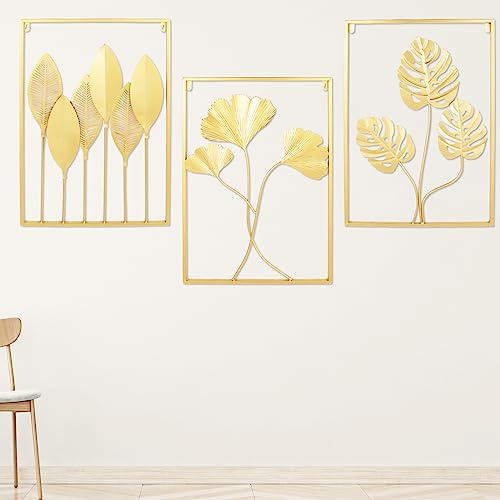 TouTToNG Wanddeko Wanddekoration 3er Set Golden Metall Wand Deko für Wohnzimmer Schlafzimmer Badezimmer Küche Büro, Wandkunst Dekor Ginkgo Blätter 60 * 40 * 1cm*3pcs