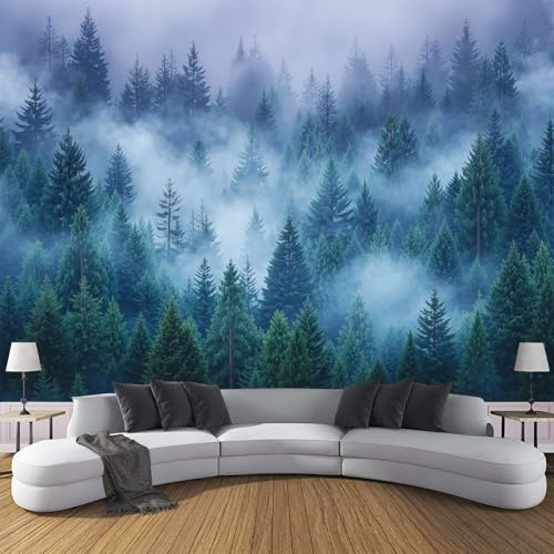 DLERFLOVR Wall Mural Wallpaper 300x210cm Photo Wallpaper Misty Forest Canopy Poster Picture Tall Evergreen Trees Wall Covering for Bedroom, Living Room, TV Backdrop, Blue-Green