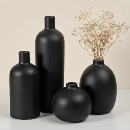 Sawoake Moderne Schwarze Keramik Vase Set 4, Neutrale Heimdekor Sammlung, Handgefertigt für Regal Mantel Tisch Dekor, Minimalistische Geschenk Set