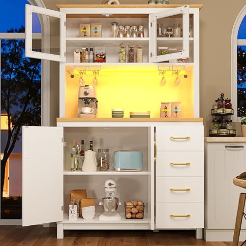 VIVCA Armario lateral de almacenamiento para cocina, armario de bufé, 105,5 x 40 x 180 cm, estilo rústico, 4 puertas, con barra de luz LED y soporte para bebidas, color blanco.
