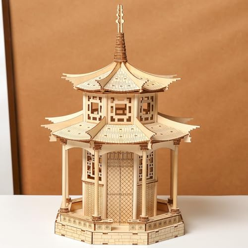 Hallisun 3D Wooden Puzzles for Adults, Wooden Pagoda Model Kit, Self-Assembly Chinese Octagonal Pavilion Model Kit, DIY 3D Puzzle Pavilions Construction Building Crafts Birthday Gift Decor, 373 PCS