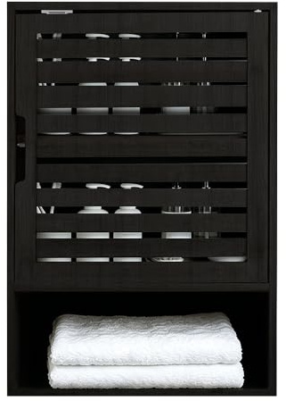HUOLE ArmoireMurale de Salle de Bain,Armoire à Pharmacie en Bambou avecPorte Simple et étagère réglable, Meuble Haut de Salle de Bain en Bambou pour Toilette, Cuisine, Meuble-lavabo20x40x60cm(Noir)