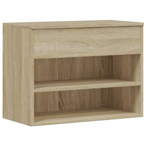 KPOTUERTU Schuhbank Sonoma-Eiche 60x30x45 cm aus Holzwerkstoff, Schuh-Organizer mit Truhe und 2 Einlegeböden, Sitzbank mit glatter Oberseite zum bequemen An- und Ausziehen der Schuhe,