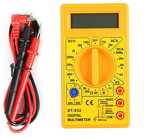 Digital Display Multimeter, DT-832 Handheld Pocket Digital Multimeter AC/DC Voltage Current Resistance Tester with Buzzer, Test Leads, Pocket Portable Meter Equipment (Yellow)