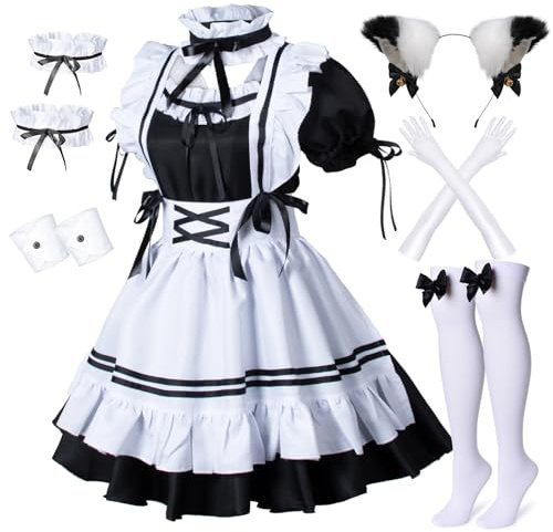Wannsee Women French Maid Apron Dress Cosplay Costume Furry Cat Ear Gloves Socks Set