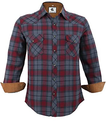 Coevals Club Herren Holzfällerhemd Flanellhemd Langarm Kariertes Druckknöpfe Baumwolle mit Tasche Normale Passform Freizeithemd (Merlot Grau #8 XL)