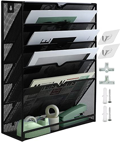 IOUGDSEC Zeitschriftenhalter Wand, Hängeorganizer Wandablagefächer A4, 6 Fächer Prospektspenderset, Metall Hängeorganizer, Dokumentenablage, 32,5x10,6x41cm, schwarz