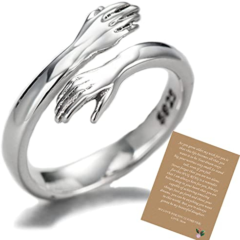 Umarmung Ring,925 Sterling Silber Umarmung Ringe für Frauen Mädchen, Komm zu meinem Arm Umarmung 925 Sterling Silber offenen Ring (card-to my daughter)