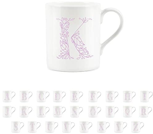 Purely Home Floral Pink Letter K Mug - Fine Bone China Small Coffee Tea Mug Present Personalised Initial Gift