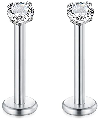 Rajnard 16G Chirurgenstahl Lippenpiercing Stud Silber 10mm Cartilage Tragus Helix Ohrringe Piercing Labret mit 2mm Zirkon Innengewinde Piercing Schmuck für Frauen Männer