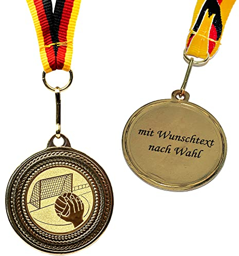 Pokal-Fabrik - Handball-Medaillen 10er Set Metall mit Wunschtext - Handballmedaille golden zum Umhängen für Siegerehrungen - Medaillen Kinder mit Deutschlandband und Emblem für Vereine & Turniere