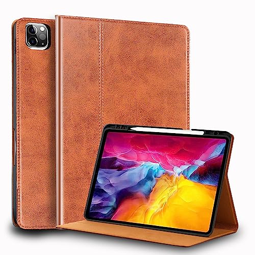 Gexmil Leder Hülle für iPad Pro 12,9 Zoll 6./5./4./3. Generation 2022/2021/2020/2018 Echt Leder Cover mit Stylus Halter,Stoßfest Automatischer Schlaf/Aufwachen,Einstellbarer Ständer, Braun