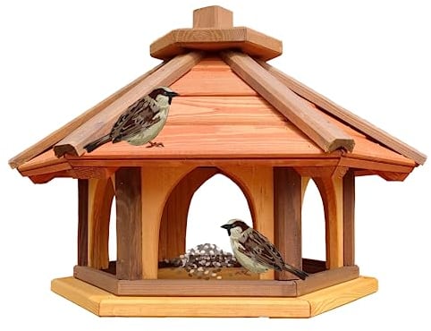 Vogel Futter Haus Futterstelle Sechseck aus Holz Vogelhaus,Vogelfutterhaus zum Stellen für den Garten.Futterstation für Wildvögel (Braun+Rot+Gelb)