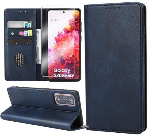 ZYIMOU Handyhülle für Samsung Galaxy S20 FE / S20 FE 5G Hülle mit Schutzfolie, Leder Schutzhülle Standfunktion Kartenfach Wallet Klapphülle Samsung Galaxy S20 FE / S20 FE 5G Flip Case Cover, Blau
