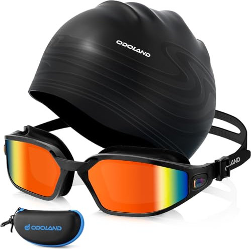 Odoland Gafas de Natación Polarizadas con Gorro de Natación y Funda, Gafas de Piscina Antivaho y Protección UV, para Hombres Mujeres y Jóvenes, Rojo