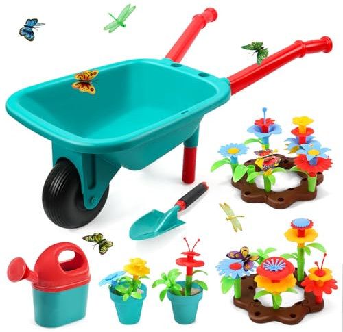 cute stone Kids Gardening Tool Set, Garden Toys with Wheelbarrow, Watering Can, Shovel, Flower Garden Building Toy, Pretend Play Outdoor Indoor Toy, Activities Stem Toy Gifts for Boys and Girls UK3