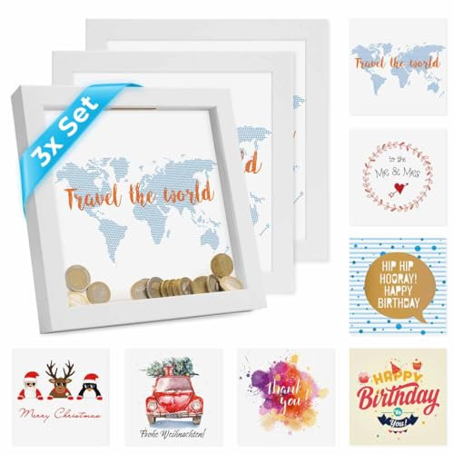 PHOTOLINI Bilderrahmen Spardose zum Befüllen 20x20 cm weiß, 3er Set Objektrahmen für Geldgeschenke, 7 austauschbare Motive, Aufstellen & Aufhängen, DIY - perfekt zum Basteln und als Geschenk