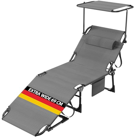 Sonnenliege mit Dach & Kopfkissen, Liegestuhl leicht - Extra Breit - mit Verstellbarer Rückenlehne & Seitentasche, Gartenliege, Strandliege Tragbar für Strand-Pool-Garten, Hochwertige Stoffe, Schwarz