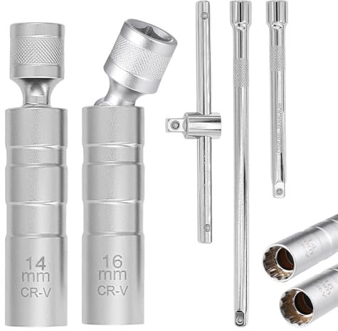WDKXCN Spark Plug Socket Set, 2 Pcs 12-Point Universal Joint Magnetic Thin Wall Sparkplug Socket (14MM & 16MM), 2 Pcs 3/8 Drive Socket Extension Bars (150MM & 250MM), Spark Plug Wrench