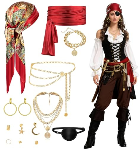 Piratenkostüm Damen Zubehör Set, Mittelalter Pirat Kostüm damen mit Kopftuch Schärpe Gürtel Augenklappe Ohrringen Halskette Armband Haarschmuck, Faschingskostüme pirat Accessories für Karneval Cosplay