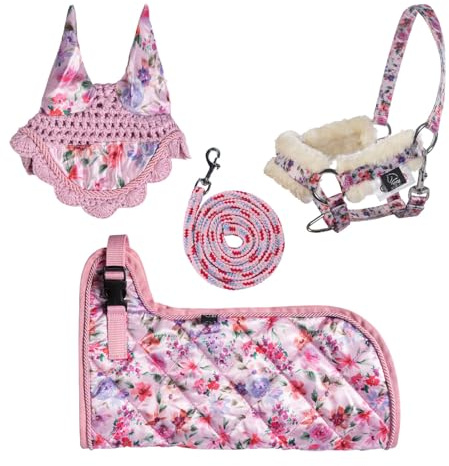 Brama West Hobby Horsing Komplettset – Halfter, Strick, Decke & Fliegenhaube für Steckenpferd - inkl. Überraschungs-Stirnband (Flower)
