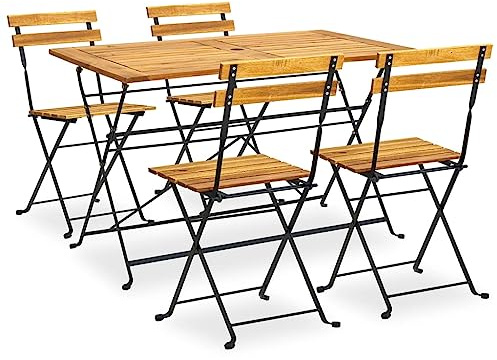 Bucmath 5-TLG. Garten-Essgruppe Klappbar Akazie Massivholz, 120x70cm Esstisch mit 4 Stühlen, wetterfestes Outdoor Möbelset für Terrasse, Balkon