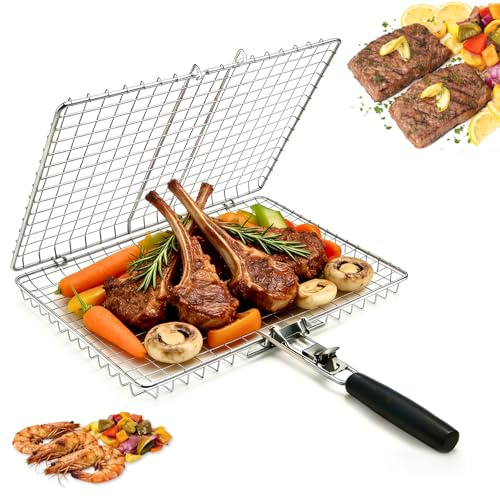 eupdd Grillkorb Edelstahl 1 Stück: 31×24×4cm Grillkorb Fischbräter Fisch | Mit Abnehmbarem Griff Für Fisch Gemüse Garnelen Steak, Tragbar Für Camping BBQ Garten