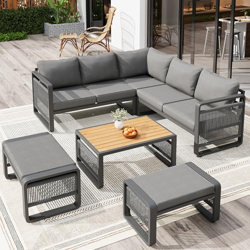 UATARU Garden Lounge Set for 6-7 People, Hand-Woven Rope Patio Sofa with Iron Deck Chair, Weatherproof Furniture with Cushion, Adjustable Feet (Gray)