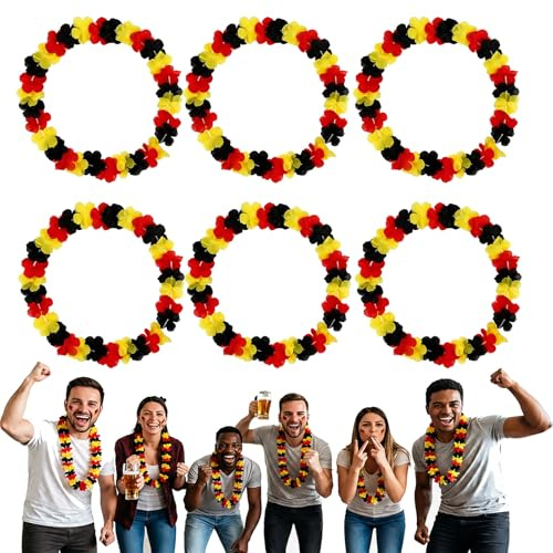 JOVYTH 6 Stück Deutschland Fanartikel Blumenkette, Hawaii Ketten Schwarz Rot Gelb für Fußball-WM 2026 Europameisterschaft Fanparty, Deutscher Nationalfeiertag Deko Set