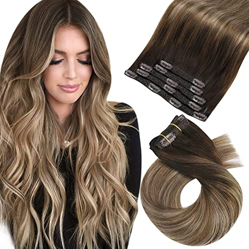 Moresoo Clip in Extensions Echthaar, Salon Qualität Weiches Glattes Haar 30 cm 5 Stück 80g Extensions Clip in #4/10/16 Braun zu Goldbraun mit Goldblond, Leicht zu Tragen Solide und Langlebig