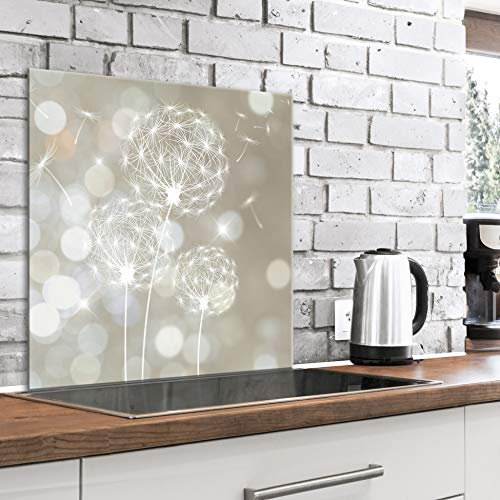 murando Glass Splashback for Kitchen Backsplash Cooker Protector Tempered Glass Decorative Wall Art Panel Heat Resistant Graphic 60x60 cm / 24x24 Flowers Dandelion Beige b-C-0557-aq-a