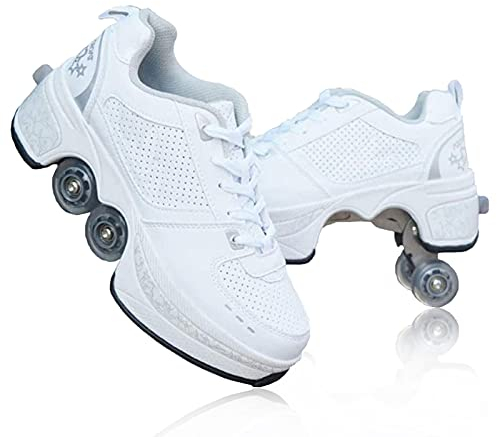 Dytxe Schuhe Mit Rollen Rollschuhe Für Mädchen Deformation Rollschuhe Ausklappbare Schuhe Rollen Quad Turnschuhe Mit Rollen Verformbare Rollen Schuhe (Old White Silver, 34)
